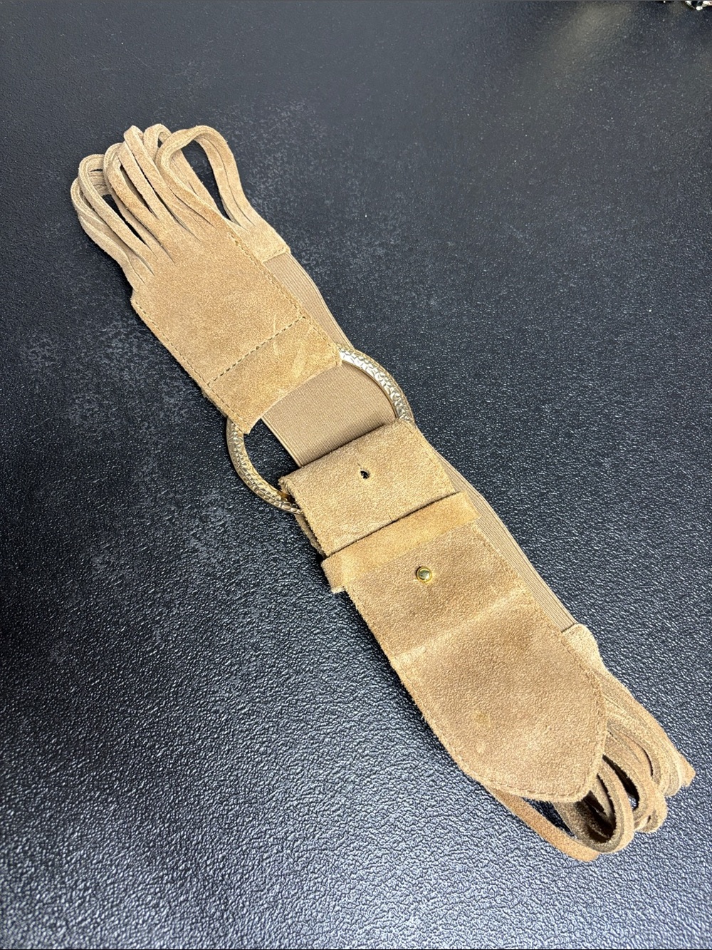 Chico's Fringe Suede Waist Belt in Tan with Gold Ring Buckle Small Boho